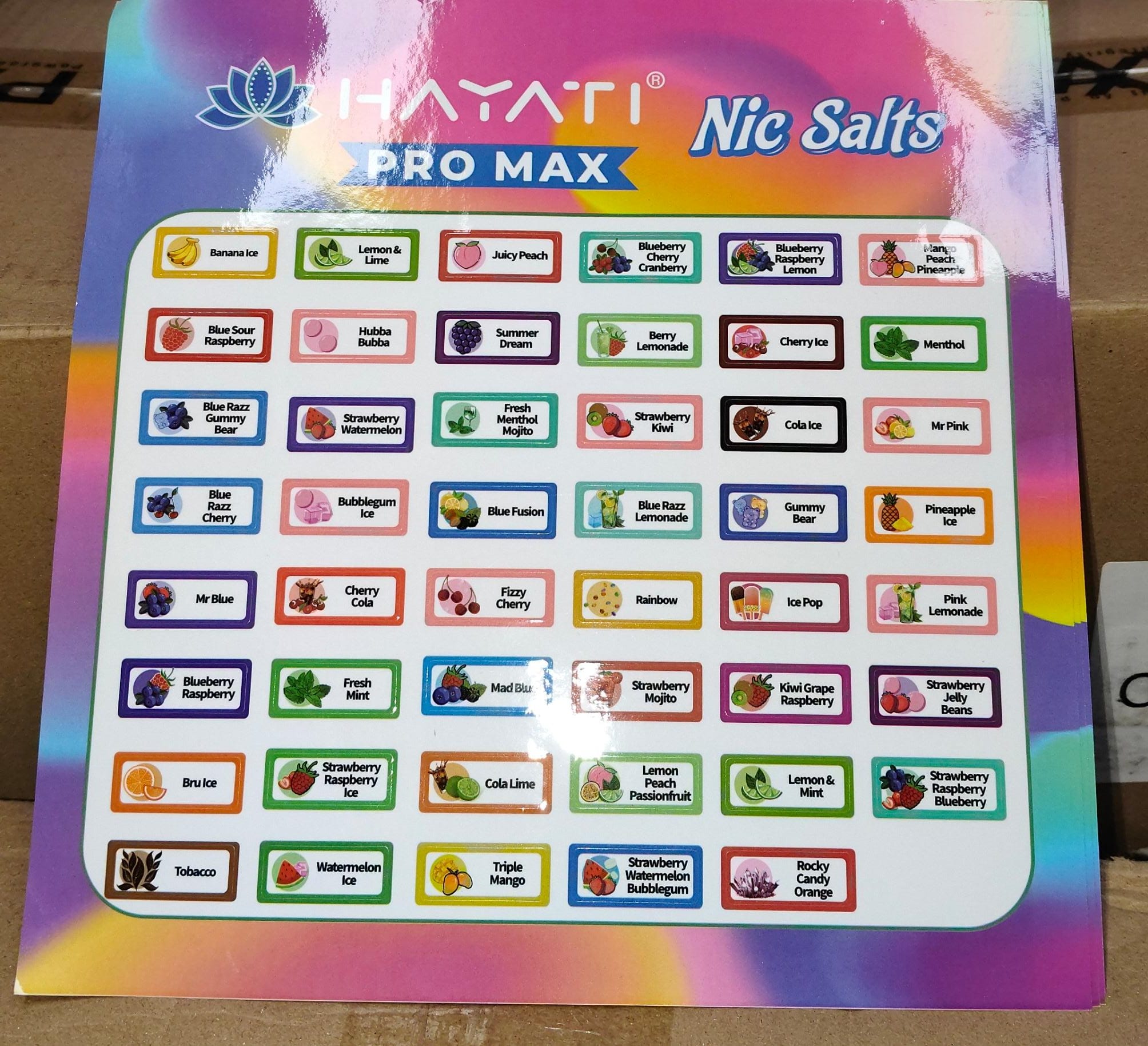 Colorful packaging of Bhayati Pro Max Nic Salts with various flavor labels.
